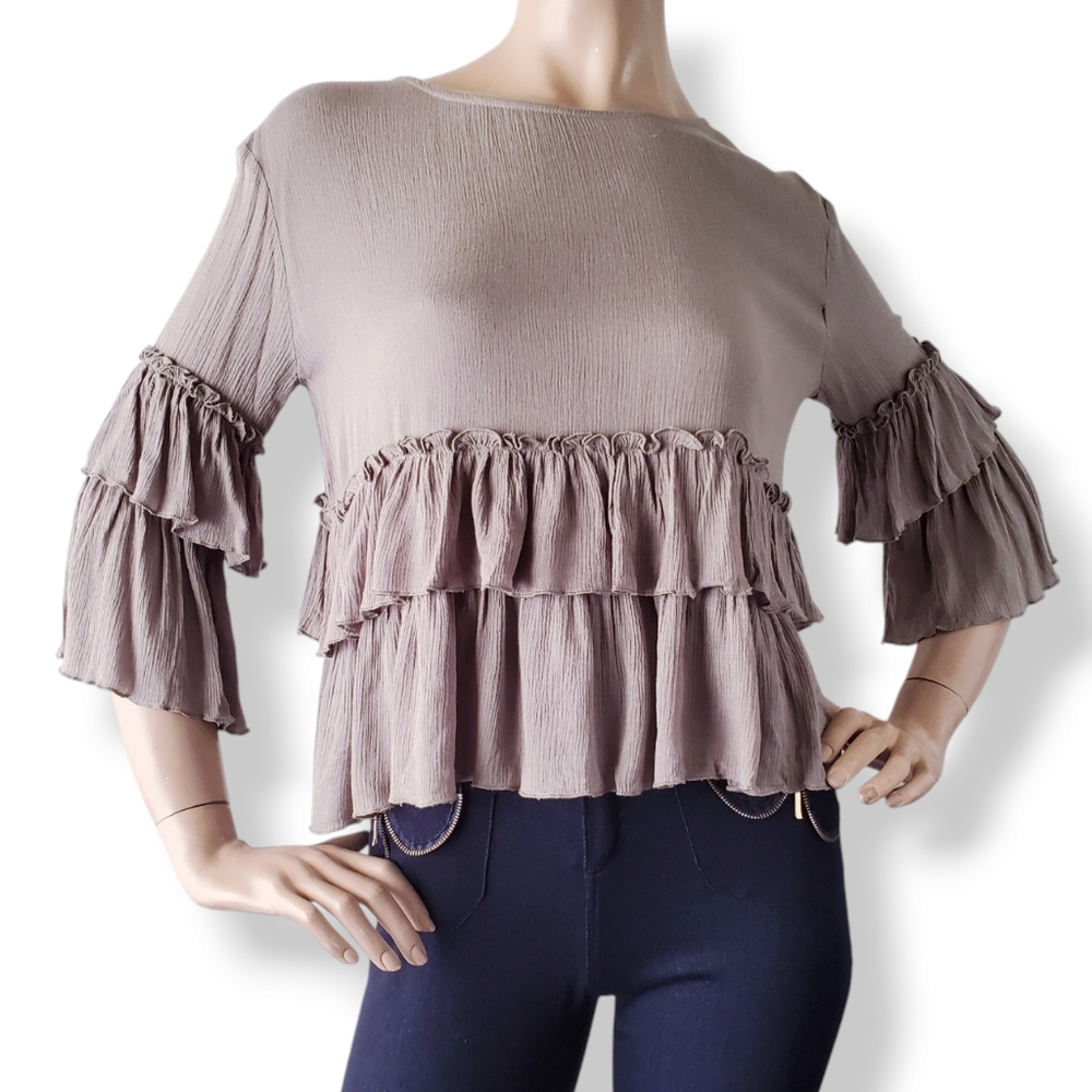 In The Beginning Olive Green Tiered Ruffled Cropped Blouse